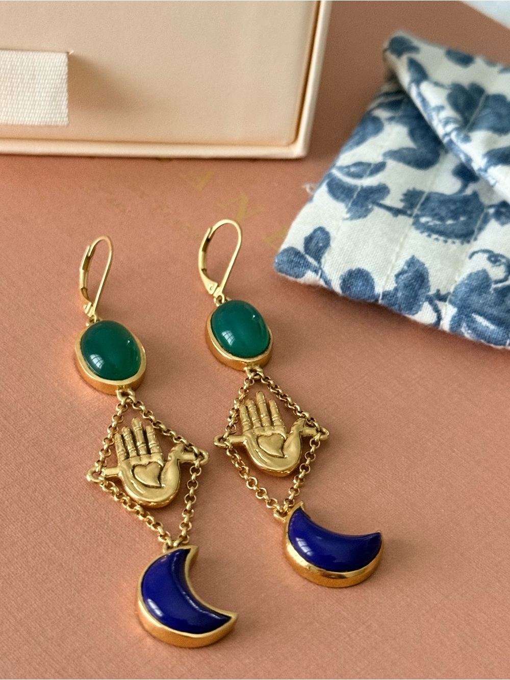 🍃Sezane Gold Tara Earrings with Green Stone and Blue Crescent - NWOT